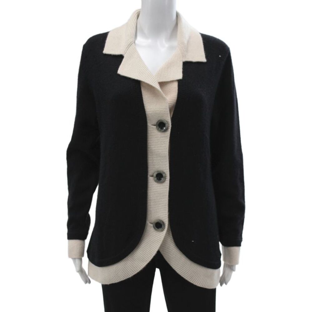 Searle Women Black 100% Cashmere Collared Cardigan Long Sleeve Size L